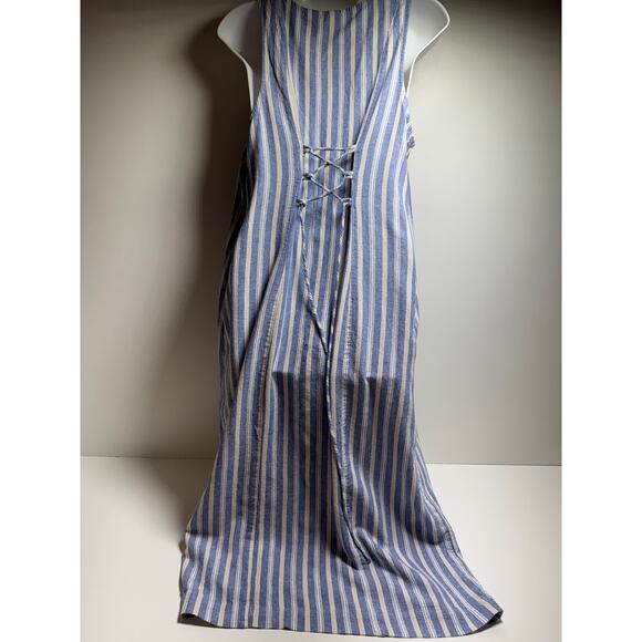Old Navy Women’s Linen Dress Midi Button Up Blue Striped Sz L Pockets Coastal - Picture 2 of 7